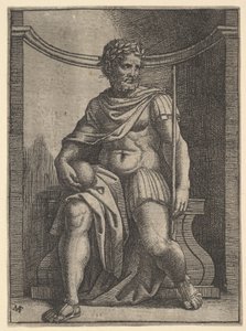 Cesarz rzymski siedzący w niszy trzymający kulę ziemską i berło i spoglądający na swoje..., ca. 1500-1534. autorstwa Marcantonio Raimondi