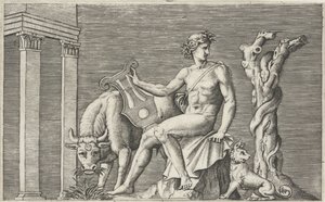 Apollo strzeże stada Admetusa Przedstawienia mitologiczne po starożytnych płaskorzeźbach (tytuł serii) autorstwa Marcantonio Raimondi