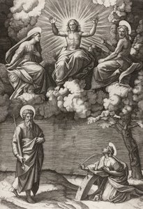 Chrystus Dziewica i św. Jan Chrzciciel ze św. Pawłem i Katarzyną, 1520-25 autorstwa Marcantonio Raimondi