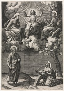 Chrystus Dziewica i św. Jan Chrzciciel ze św. 1520-1525. autorstwa Marcantonio Raimondi