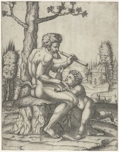 Faun z fletem bawi się z dzieckiem autorstwa Marcantonio Raimondi