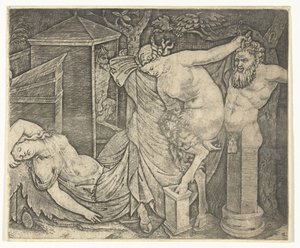 Fragment Bachanału z Satyrką i Hermą i śpiącą bachantką autorstwa Marcantonio Raimondi