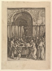 Arcykapłan odmawiający baranka ofiarnego od Joachima, wg Dürera, ca. 1500-1534. autorstwa Marcantonio Raimondi