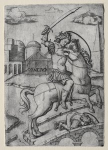 Horatius Cocles broniący mostu Sublician. autorstwa Marcantonio Raimondi
