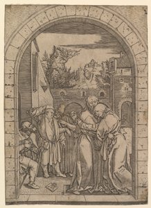 Joachim w objęciach św. Anny pod złotą bramą w Jerozolimie, za Dürerem, ca. 1500-1534. autorstwa Marcantonio Raimondi