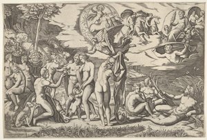 Osąd Paryża: Paris wyciąga rękę w kierunku Wenus, która stoi między Junoną a... ok. godz. 1520-50. autorstwa Marcantonio Raimondi
