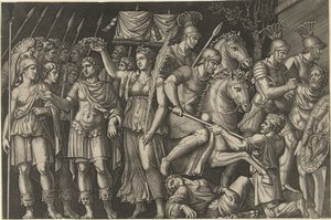 Cesarz Trajan ukoronowany przez Wiktorię stoi obok kobiecej personifikacji Rzymu i Rzymian w walce z Dakami autorstwa Marcantonio Raimondi