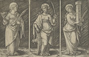 Św. Barbara po lewej, Św. Katarzyna, w środku, Św. Łucja po prawej, ca. 1500-1527., ca. 1500-1527. autorstwa Marcantonio Raimondi