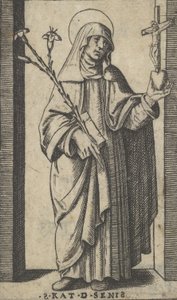 Święta Katarzyna Sieneńska stojąca z kwiatami i księgą w prawej ręce, h..., ca. 1500-1527.