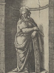 Święta Katarzyna stojąca w niszy, wsparta na kole, jej narzędziu tortur..., ok. godz. 1500-1527. autorstwa Marcantonio Raimondi