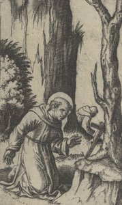 Św. Franciszek z Asyżu modlący się przed krucyfiksem, z cyklu „Piccoli Santi..., ca. 1500-1527. autorstwa Marcantonio Raimondi