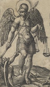 Święty Michał trzymający wagę i włócznię, pod nim demon z cyklu „P…, ca. 1500-1527.