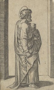 Święty Piotr, klucze w prawej ręce, księga w lewej, zwrócona w prawo, z serii „Pic..., ca. 1500-1527. autorstwa Marcantonio Raimondi