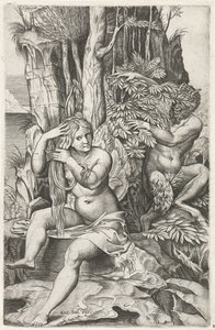 Satyr podgląda nimfę w toalecie Patelnia i Syrinx autorstwa Marcantonio Raimondi