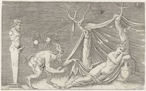 Satyr śledzi śpiącą nimfę Przedstawienia mitologiczne po starożytnych płaskorzeźbach (tytuł serii) autorstwa Marcantonio Raimondi
