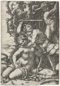 Satyr i młody mężczyzna walczą o nimfę autorstwa Marcantonio Raimondi