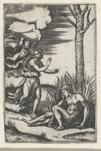 Śpiący i nimfa ścigani przez Amora autorstwa Marcantonio Raimondi