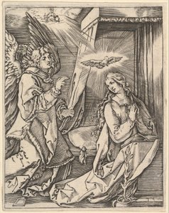 Zwiastowanie, po lewej archanioł Gabriel zbliża się do modlącej się Dziewicy..., ok. godz. 1500-1534. autorstwa Marcantonio Raimondi