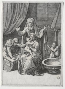Dziewica i kołyska ze św. Elżbietą i św. Anną, 1520. autorstwa Marcantonio Raimondi