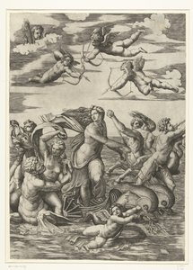 Triomf van Galatea spotkał trytonów w nereïden in putti autorstwa Marcantonio Raimondi