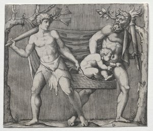 Dwa fauny niosące dziecko w koszyku, c. 1513-1515. autorstwa Marcantonio Raimondi