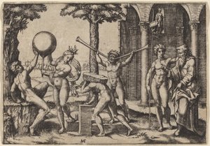 Człowiek z dwiema trąbkami autorstwa Marcantonio Raimondi after Baccio Bandinelli
