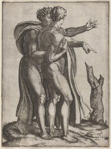 Dwóch nagich mężczyzn autorstwa Marcantonio Raimondi after Michelangelo