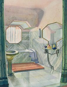 Łazienka zaprojektowana przez Marcela Dalmasa z „Interieurs en Couleurs”, opublikowanej w 1925 r. (litografia kolorowa) autorstwa Marcel Dalmas