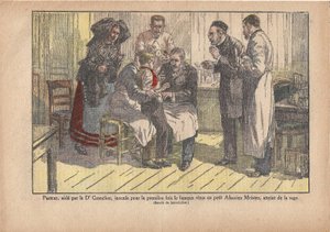 Pasteur, wspomagany przez dr Granchera, po raz pierwszy zaszczepił słynnym wirusem małego alzackiego mistrza, zarażonego wścieklizną., Le Pèlerin, 5/11/1922 (druk) autorstwa Marcel Lecoultre