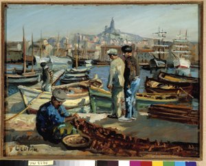 Rybacy na nabrzeżu portu w Marsylii Obraz Marcela Leprina (1891-1933) Obowiązkowa wzmianka: Collection fondation faith de Provence, Marseille