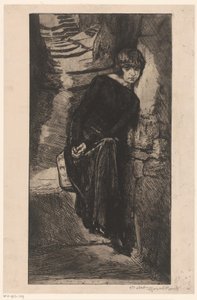 Kobieta ubrana na czarno, oparta o ścianę Misère de misère (tytuł na przedmiocie) Dziewczyna przyjemności (tytuł serii) Fille de Joie (tytuł serii na obiekcie) autorstwa Marcel Roux (signed by artist)