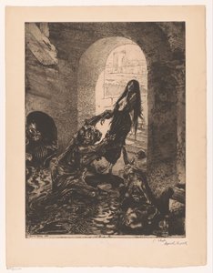 Potwór chwyta kobietę stojącą w drzwiach Offrande a Moloch (tytuł na obiekcie) Dziewczyna przyjemności (tytuł serii) Fille de Joie (tytuł serii na obiekcie) autorstwa Marcel Roux (signed by artist)