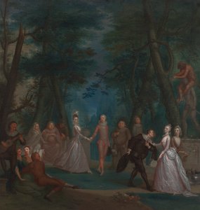Scena w parku z postaciami z Commedia dell