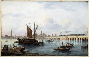 Most nad laguną w „Albumie głównych widoków Wenecji” rysuje Marco Moro ed. Gio Brize-Ghel b.d. 1840. Ok. autorstwa Marco (after) Moro