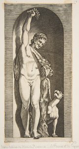 Faun stojący w niszy trzymający prawą ręką w górze kiść winogron i... ok. godz. 1515-27. autorstwa Marco Dente
