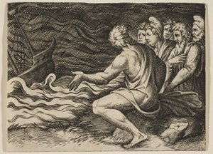 Grupa postaci po prawej stronie jest świadkiem wraku statku, ca. 1515-27. autorstwa Marco Dente