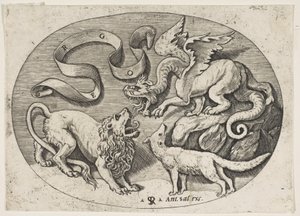 Walczący ze sobą lew, smok i lis, powyżej wpisana banderola, owalny k..., ca. 1515-27. autorstwa Marco Dente