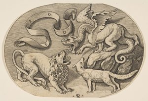 Walczący ze sobą lew, smok i lis, powyżej wpisana banderola, owalny k..., ca. 1515-27.