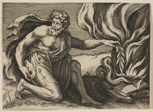 Mężczyzna klęczący i kładący gałązkę laurową na stosie płonących ksiąg, ca. 1515-27. autorstwa Marco Dente
