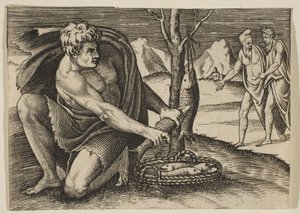 Mężczyzna klęczący przy koszyku z rybami i biorący jedną obiema rękami, dwóch mężczyzn przy..., ok. godz. 1515-27. autorstwa Marco Dente