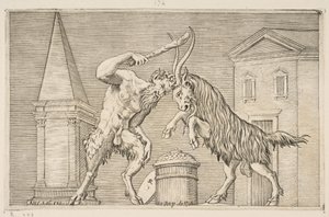 Satyr i baran atakują się nawzajem, satyr dzierżący maczugę w prawym ha..., ca. 1515-27. autorstwa Marco Dente
