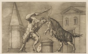 Atakujący się satyr i baran, satyr dzierżący maczugę prawym ha..., ok. godz. 1515-27.