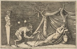 Satyr odkrywa śpiącą kobietę, dwa kraby zwisające z liny, która jest nawleczona..., ca. 1515-27.