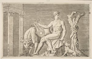 Apollo pasący stada Admetusa, Apollo siedział trzymając lirę i otoczony przez..., ca. 1515-27. autorstwa Marco Dente