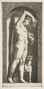 Bachus stojący w niszy trzymający winogrona w uniesionej prawej ręce, owoce w swojej l..., ca. 1515-27. autorstwa Marco Dente
