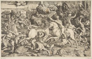 Scena bitwy w krajobrazie z żołnierzami na koniach i kilkoma poległymi mężczyznami, kolejna..., ca. 1520. autorstwa Marco Dente