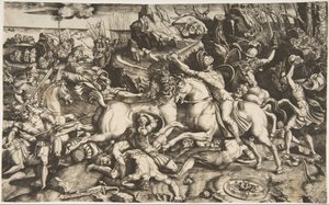 Scena bitwy w krajobrazie z żołnierzami na koniach i kilkoma poległymi mężczyznami, kolejna..., ca. 1520. autorstwa Marco Dente