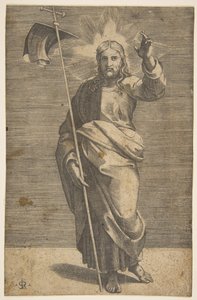 Chrystus stojący twarzą do przodu, trzymający krzyż ze sztandarem i unoszący lewą…, ok. godz. 1515-27. autorstwa Marco Dente