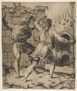 Entellus i Dares walczą przed klasycznymi ruinami, 1520-25. autorstwa Marco Dente