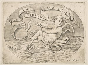 Eros Uciekający przez morze, Kupidyn używający swojego łuku do napędzania łodzi zrobionej z jego kołczanu dowcipu..., ok. godz. 1515-27. autorstwa Marco Dente